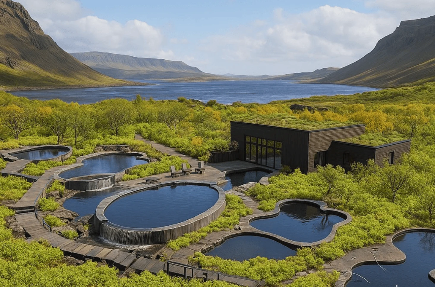 Illustrative wellness concept overlooking an Icelandic fjord